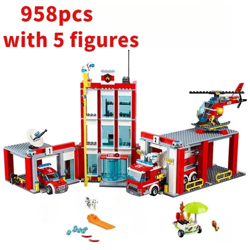 Lego Set City - Stadt-Feuerwache, Hubschrauber, LKW, Garage, Feuerwehrhaus, Bausteine-Set,